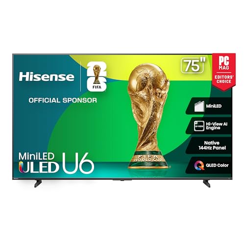 Hisense 75" Class U6 Series Mini-LED 4K UHD Smart Fire TV (75U65QF, 2025 Model) - QLED, Native 144Hz, HDR10+, Dolby Vision IQ, Dolby Atmos, Game Mode Pro, ALLM, Alexa Built in, Black