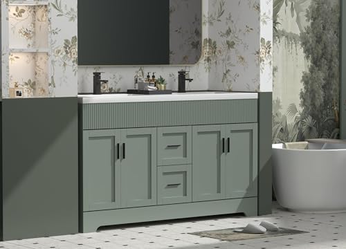 Image of eclife 60 inch Bathroom Vanities Sink Combo with Painted Surface, Modern Drawered Cabinet W /Decorative Wave Lines, Undermount Double White Sink, Matte Black Faucet Drain, Gray Green