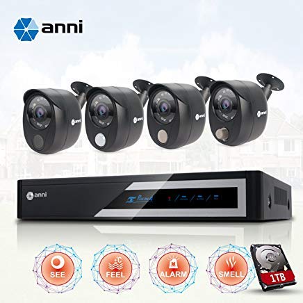 Anni Home Security Camera System 1080p Wired Surveillance Kit, 4 CH 1080N DVR, 4 x1080p Cameras: 1 PIR Sensor Camera, 1 Gas Detector Camera, 1 Siren Alarm Camera, 1 Normal Camera, with 1TB HDD
