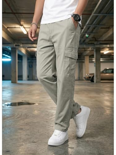 Image of Men's Cargo Trousers-100% Premium Cotton Regular Fit Lightweight Breathable Elastic Waist Multi-Pocket Casual Utility Pants