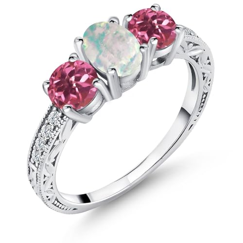 Gem Stone King 1.75 Cttw White Simulated Opal and Pink Tourmaline Engagement Ring For Women | 925 Sterling Silver | Oval 7X5MM and Round 5MM | Available in size 5, 6, 7, 8, 9
