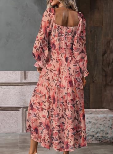 BLENCOT Womens Casual Square Neck Long Sleeve Boho Floral Midi Dress Print Side Split Dresses3