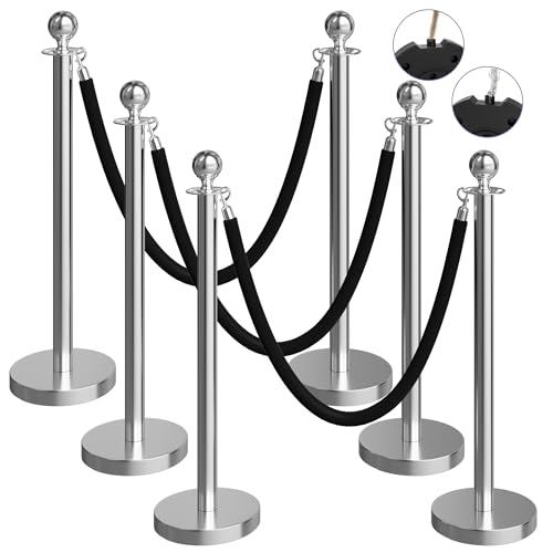 Image of 6 Pack Silver Stanchions and Velvet Ropes Set, Stainless Steel Crowd Control Barriers, 3Pcs Black Ropes and Poles for Party Supplies,Photobooth Accessories,Prom,Birthday,Business,Wedding, Museums