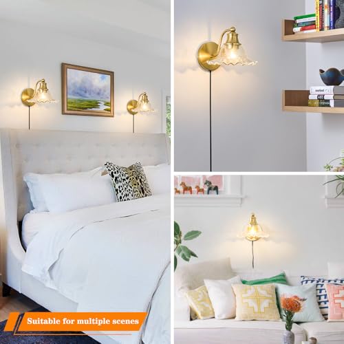 Image of Vintage Plug in Wall Sconce, Gold Plug in Sconce Set of 2 with Clear Glass, Brass Wall Lights Fixture with Plug in Cord, Flower Wall Lamp Decor with on /Off Switch & Cord for Bedside Bedroom Hallway