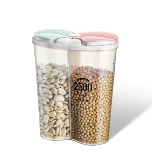 Yeswell Airtight Food Storage Containers, 2 Grids Sealed Jar Cereal Storage Box with Lids, Transparent Plastic Airtight Best Dry Food Storage Containers, Multiple Spaces Cereal Dispensers