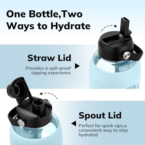 Image of Aqulea 64oz oz Glass Water Bottle with 2 Lids - Spout & Straw Lids, Borosilicate Glass Water Bottle with Time Marker & Silicone Sleeve, Leakproof