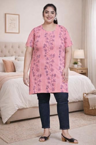 Image of RYSH Women's All-Over Printed Cotton Plus Size Longline T-Shirt with Pockets