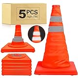 [5 Pack]18 Inch Collapsible Traffic Safety Cones - Parking Cones with Reflective Collars,Orange Safe