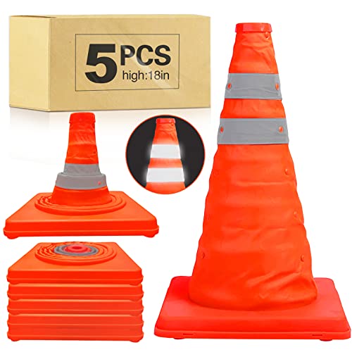 [5 Pack]18 Inch Collapsible Traffic Safety Cones - Parking Cones With Reflective Collars,Orange Safety Cones For Parking Lot，Driveway, Driving Training Etc. #TOP1