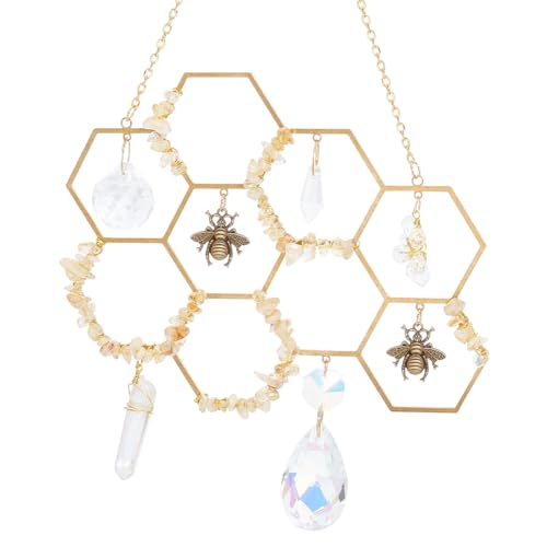 Image of DELORIGIN Honeycomb Bee Suncatcher Brass Crystals Window Hanging Bumble Prism Hive Catcher Crystals Pendant Balls Ornament for Window Home Indoor Outdoor Garden Christmas Day Party Wedding Decoration