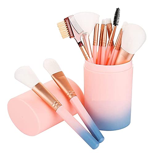 MACPLUS Makeup Brush Set With Storage Barrel – Pack of 12 (Light Pink)