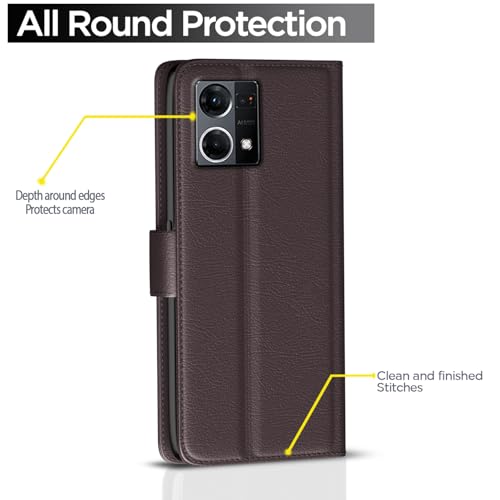 Image of Pikkme Flip Cover Leather Finish | Inside TPU with Card Pockets | Wallet Stand and Shock Proof | Complete Protection Button Flip Case for Oppo Reno 7 5G (Coffee)