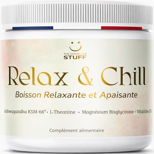 Relax & Chill Boisson Relaxation Anti-Stress/Ashwagandha KSM-66, L theanine, Magnesium Bisglycinate & Vitamine D/Baisse Cortisol & Stress, Améliore Détente et Qualité du Sommeil/Sans Cafeine ni Sucre