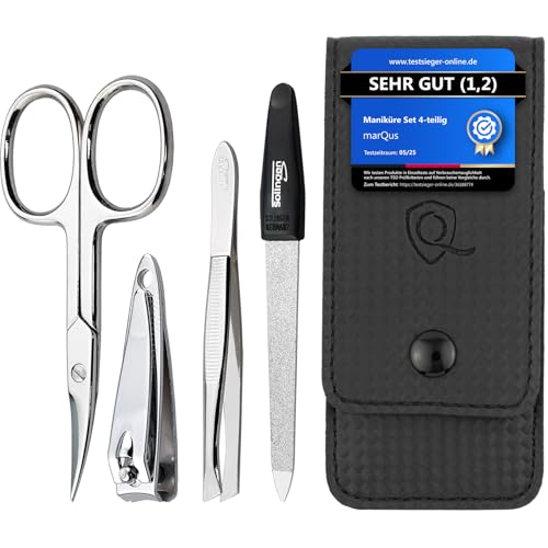 marQus Maniküre Set 4 teilig praktisch und kompakt- mit Feile aus Solingen, das praktische Nagelpflegeset für alle Fälle und Taschen, Reise Nageletui Farbe: Carbon