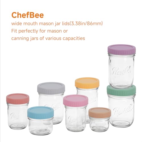 Wide Mouth Mason Jar Lids - ChefBee 8PCS Colored Mason Plastic Lids Wide Mouth, Leak Proof Plastic Canning Covers for Jars, Reusable Can Covers Tops Caps with Rings for Ball, Kerr and More