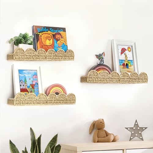 Image of AELS Scalloped Nursery Bookshelf, Set of 3, Picture Ledge Shelf for Wall Decor, Woven Straw Paper Floating Shelves for Books, Toys, Photo Frames, Nursery, Boho Modern Farmhouse Book Shelf