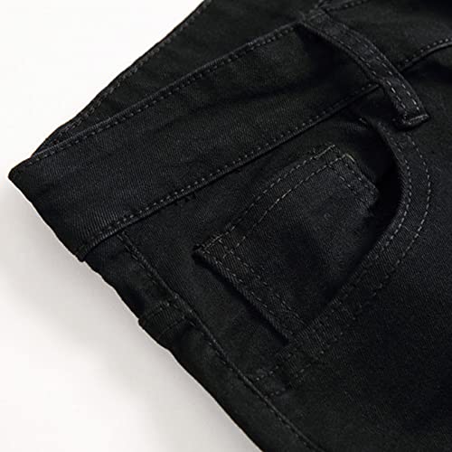 Men's Classic Skinny Elastic Waist Retro Jeans Washed Zipper Deco Stretch Denim Pants Ripped Hole Moto Trousers (Black,Large,5,OZ)4