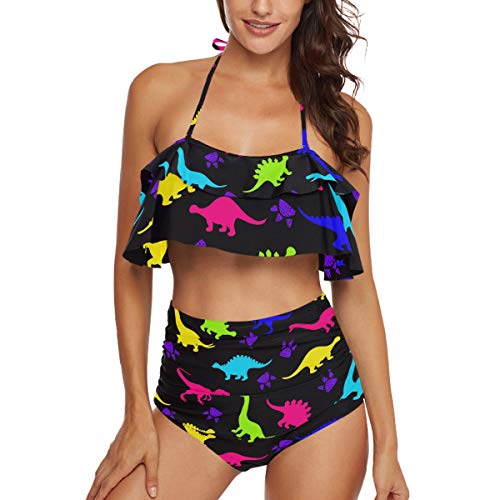 Woman's Two Piece Swimsuit Sexy Chic Printed Cute Ruffled Top Halter Tankini High Waisted Bathing Set