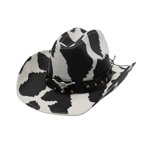 Straw Cowboy Hat for Men Cowgirl Hats Women Wide Brim Beach Sun Hat Western Summer Hats (US, Alpha, Medium, Cow Print)