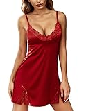 ADOME Satin Lingerie For Women Lace Chemise Nightgown Babydoll Nightwear Silk Slip Dress (Small, Wine Red)