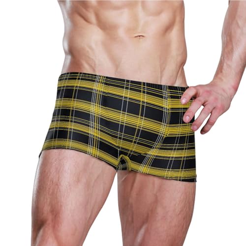 Black and Yellow Buffalo Check Plaid Mens Swim Trunk Bathing Suit Swim Brief Square Leg Board Short S B04039433