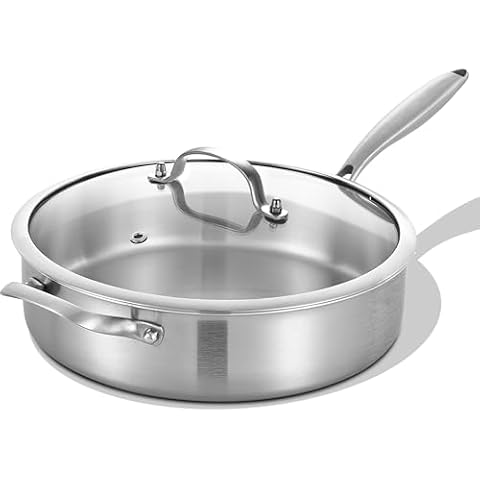 LOLYKITCH 5 Quarts Tri-Ply Stainless Steel Sauté Pan wih Lid, 12 Inch Deep Frying Pan,Jumbo Cooker,Induction Cooking Pan,Dishwasher and Oven Safe,Detachable Handle. Cover
