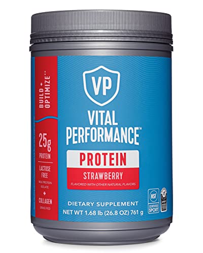 Vital Performance Protein Powder, 25g Lactose-Free Milk Protein Isolate Casein & Whey Blend Protein Powder with 10g Grass-Fed Collagen Peptides, 8g EAAs, 5g BCAAs - Strawberry, 1.68lb