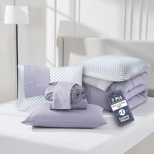 Nestl 9 Piece Full Comforter Set – Grayish Purple Reversible Bed in a Bag – Complete Full Size Bedding Set with Sheets, Set of 2 Cooling Pillows, Pillowcases and Shams