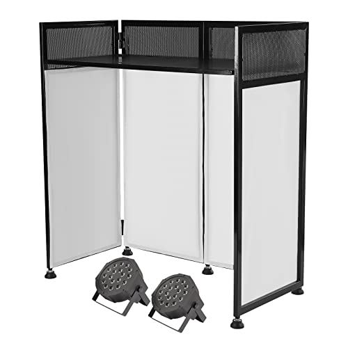 DYNAMI DJ Facade Table Station,Foldable DJ Event Facade With Built in Table+White & Black Scrim+2 Par Lights+Portable Bag