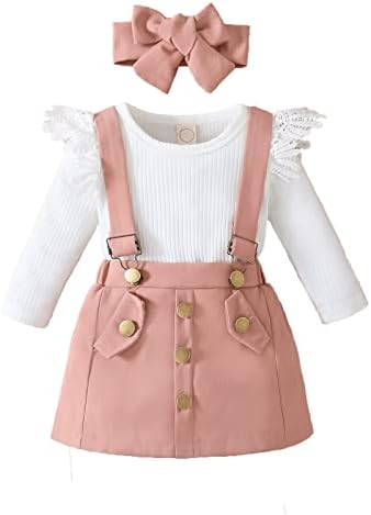 BRICUTESK Baby Girl Clothes toddler fall outfit Ruffles long sleeve Romper+suspender skirt dress+Headband 3pcs