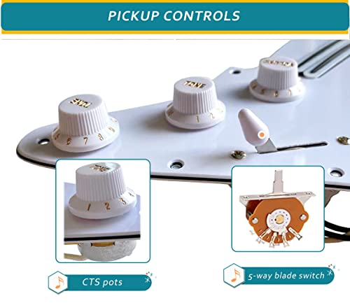 Lamsam Prwired Pickguard Preloaded Single-Coil Sized Humbucker Pickups Fit Strat Style Guitars, Wired Pick Guard Loaded Super High Output Hot Rail Pickup 5-Way Blade Switch Cts Pots, White #TOP2