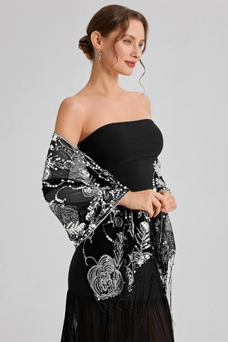 Image of BABEYOND 1920s Sequined Shawl Wraps for Women Fringed Evening Cape Wedding Bridal Shawl Scarf for Evening Dresses Party