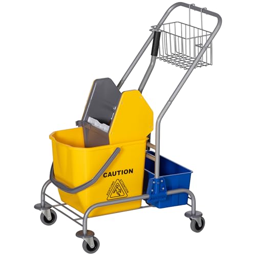 HOMCOM Carro de Limpieza Carro de Servicio con Cubos de Fregona de 25L Escurridor Cubeta y Estantes para Hotel Oficina 72x49,5x95 cm Amarillo