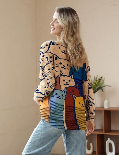 Image of YESNO Women Christmas Sweater Graphic Printed Oversized Pullover Sweaters Casual Loose Knit Tops S01
