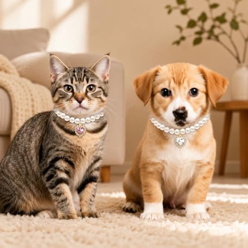 Image of BendJoy 2Pcs Adjustable Jewelry Cat Collar, Puppy Collar for Cats & Small Dogs Neck Belt with Rhinestone Heart Charm Pearl | Adjustable Fit | Rhinestone & Pearl Charm | Photography Prop