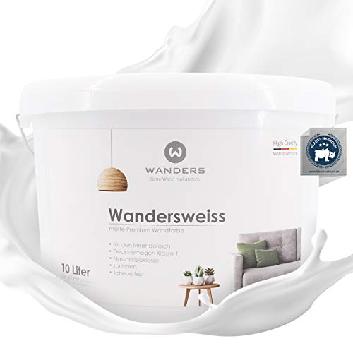 Wanders24 Wandersweiss (10 Liter, Weiß) Wandfarbe weiß hohe Deckkraft - Wandfarbe weiss - DIN13300 - Deckv. 1 - Nassab. 1 - Made in Germany