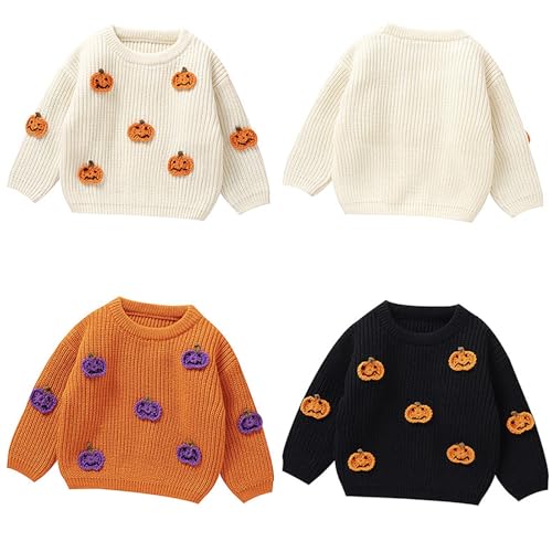 Toddler Kids Halloween Floral Sweater Cute Pumpkin Print Knitted Pullover Crew Neck Knitwear Outwear Fall Winter2