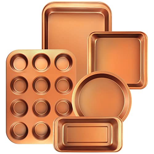 Nonstick Baking Pans Set, 5-Piece Kitchen Baking Sheets For Oven, Bakeware Sets With Round/Square Cake Pan, Muffin Pan, Loaf Pan, Roast Pan, Mobzio Cookie Sheet Set Baking Supplies (Copper) #TOP4