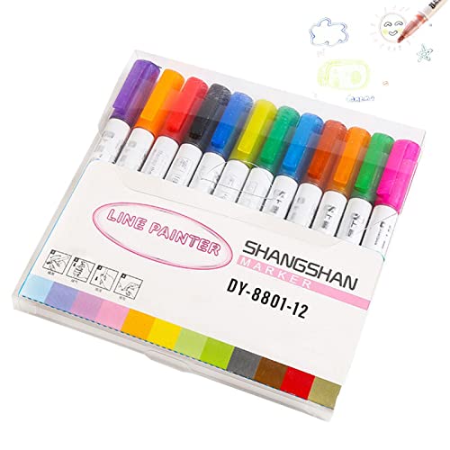 Marcador de contorno metálico, 12 Cores Conjunto de Marcadores de Auto Contorno de Linha Dupla, Cane