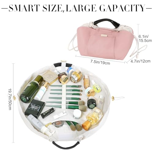 Vomgomfom 20 inch Drawstring Makeup Bag Open Flat,Waterproof Magic Cosmetic Pouch for Women,Pink2