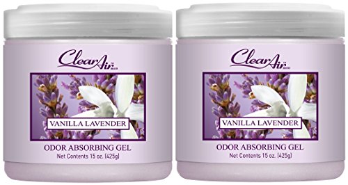 Clear Air 15oz Gel Odor Eliminator - Absorb & Remove Strong Odors from Pets in Bathrooms Basements Garage Cars RVs & Boats - Eliminate Tough Odors with Essential Oils (Vanilla Lavender 2-Pack)