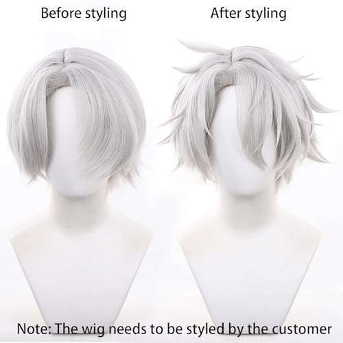 Image of Phainon Hero Character Anime Grey White Wigs Men Short Straight Wig with Side-Part Bangs Women Adult Halloween,Christmas,Comic con,Party