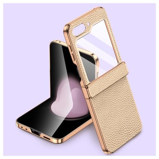 Capa de telefone de couro de vaca natural para Samsung Galaxy Z Flip5 Flip 5 ZFlip5 Capa de proteção de dobradiça com vidro temperado, bege, para Galaxy Z Flip5
