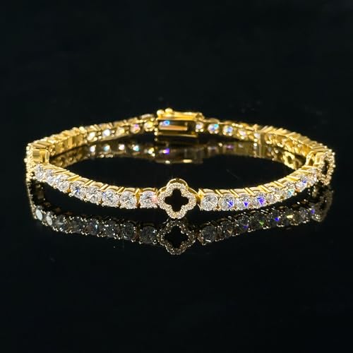 HELLOICE Iced Out Four Leaf Clover Tennis Bracelet 18K Gold Plated Cubic Zirconia 4 Leaf Clover Lucky Bracelet Trendy Jewelry Gift for Women Men2