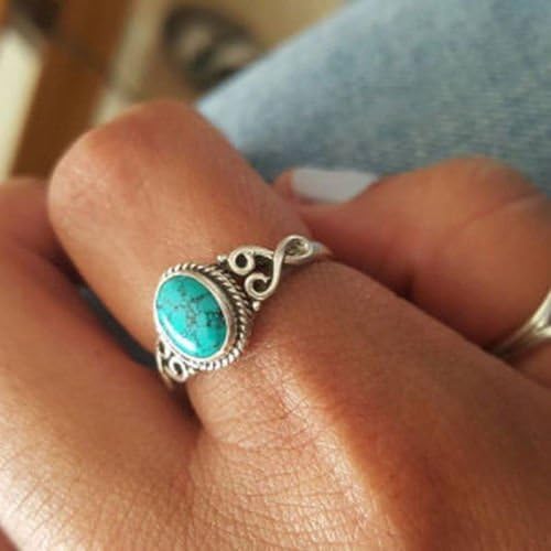 MAIHAO Vintage Women's 925 Sterling Silver Ring Oval Cut Natural Bohemia Turquoise Jewelry Turquoise Moonstone Ring Wedding Jewelry Size 6-10 (US Code 9)