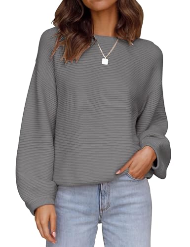 Image of ZESICA Women's Crew Neck Long Lantern Sleeve Fall 2026 Casual Loose Ribbed Knit Solid Soft Pullover Sweater Tops