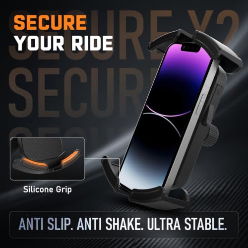 Image of Amkette iGrip Secure X2 Mobile Holder for Bike & Scooty with Mirror Mount, One Press Lock & Unlock, Anti Slip Silicone Grip, 4 Corner Clamping, Compatible with 4.7 inch-7 inch Smartphones, Black