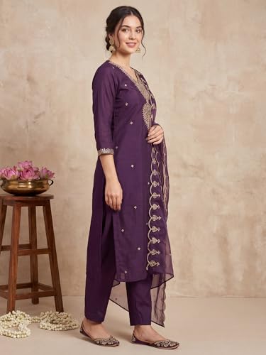 Image of INDO ERA Women's Black Silk Blend Embroidered Mirror Work Kurta & Pant with Dupatta Set (IEDDAI484)