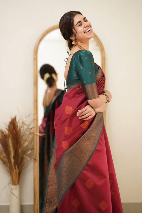 Image of Flosive Elegant Red Banarasi Saree with Gold Zari Border & Classic Design