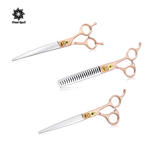 Dream Reach Fellschere Hundeschere 7 Inch professionelles Tierpflege Set aus 440C japanischer Edelstahl gerade&Gebogene&ausdünnen Schere(25%-35% Ausdünnungsrate) Set (7-Zoll-Fellschere Set 02)